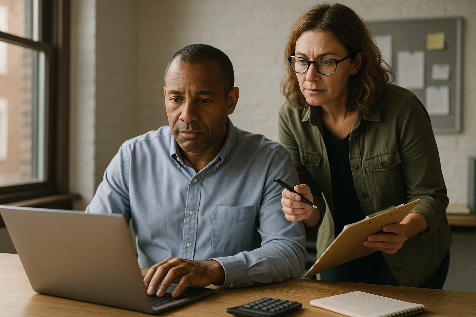 Two professionals collaborating over a laptop in a modern office, discussing AI automation services for small businesses with charts and devices on the table