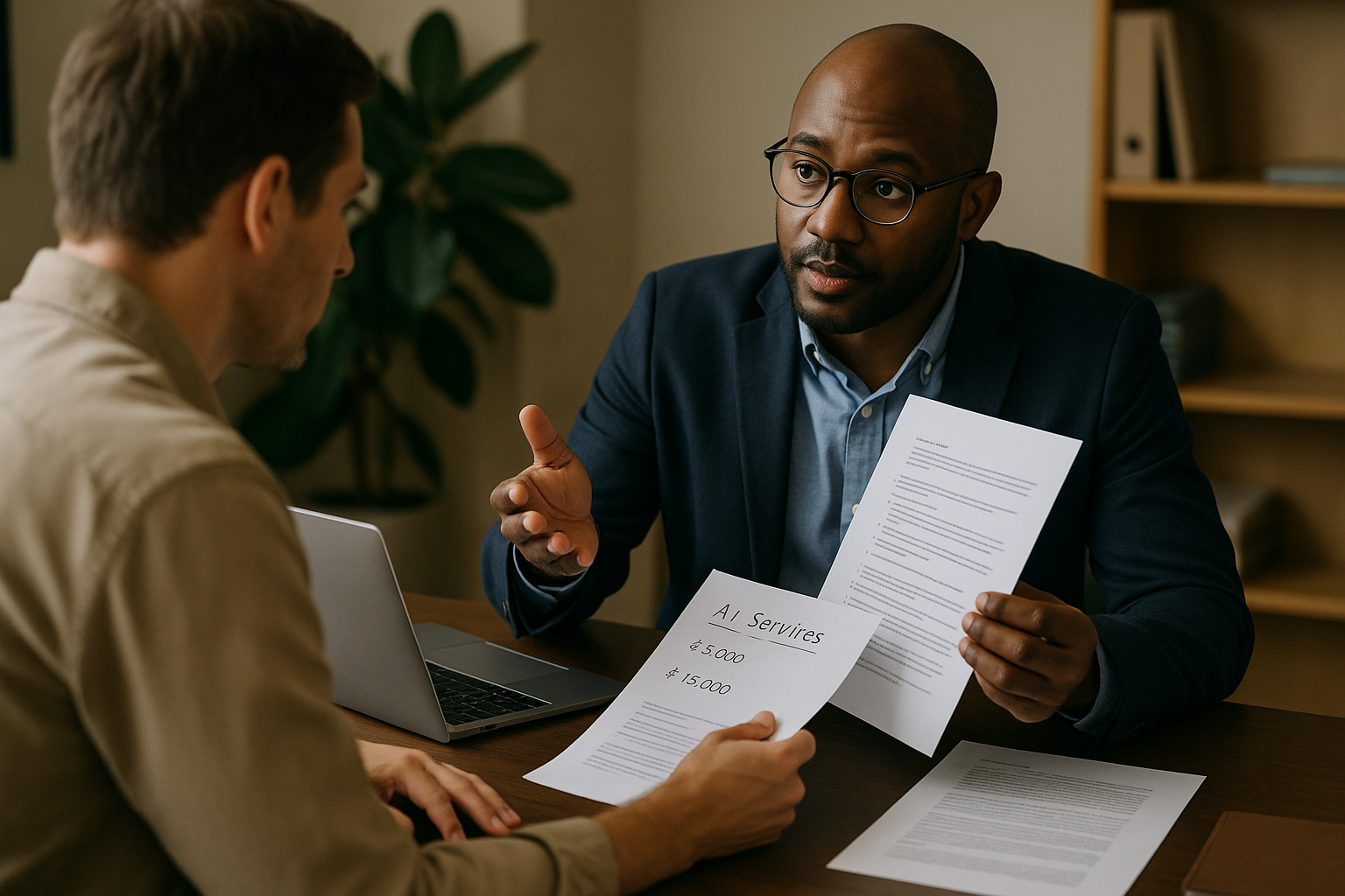 Two professionals at a small-business office desk reviewing documents and pricing notes during a buyer decision moment for AI services