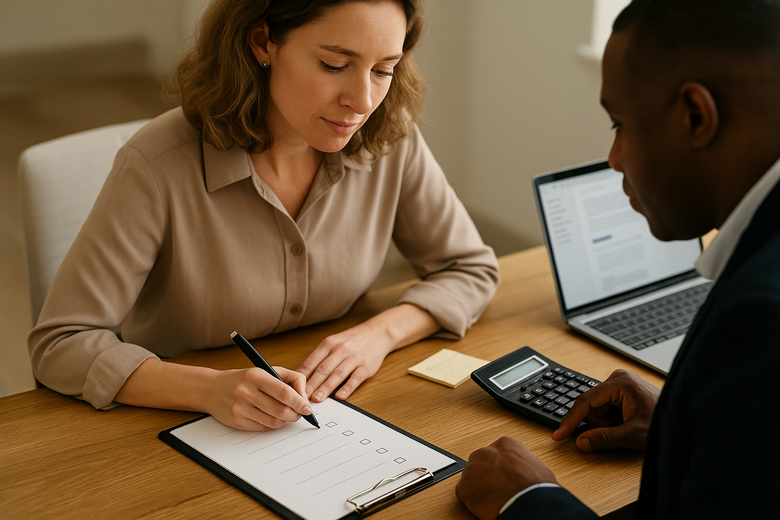Two professionals collaborating over a laptop and checklist in a modern office, evaluating AI income tools for beginners with notes and a calculator nearby
