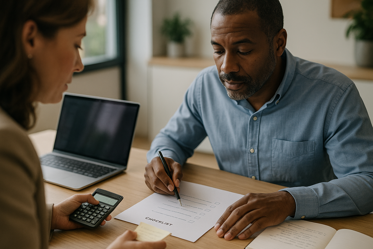 Person reviewing a checklist and notes beside a laptop and calculator in a modern office, planning AI side hustles for beginners with no experience