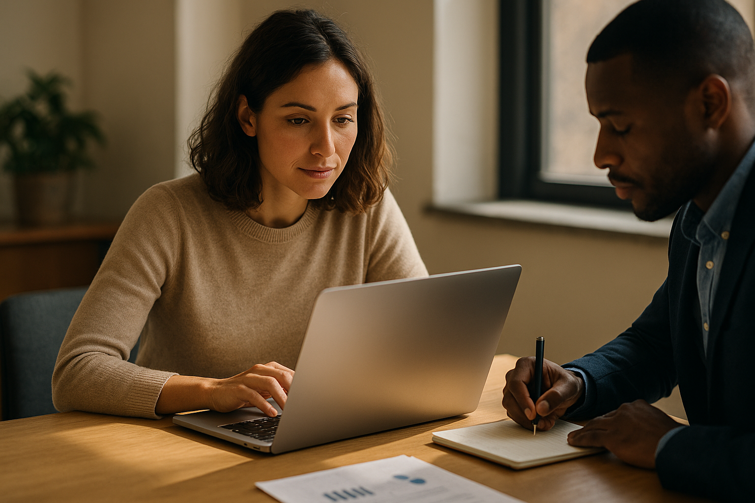 A freelancer working on a laptop at a tidy desk with notebooks and a smartphone, using AI tools for beginner freelancers to streamline workflow in a warmly lit home office