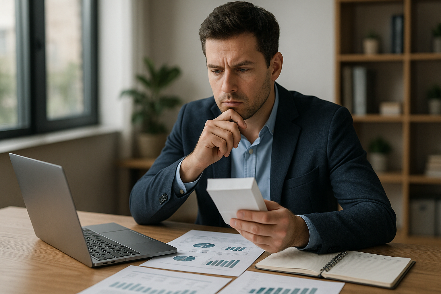 Business professional comparing options on a laptop with notes and research materials related to Advanced AI Techniques for Automating Client Acquisition and Retention.