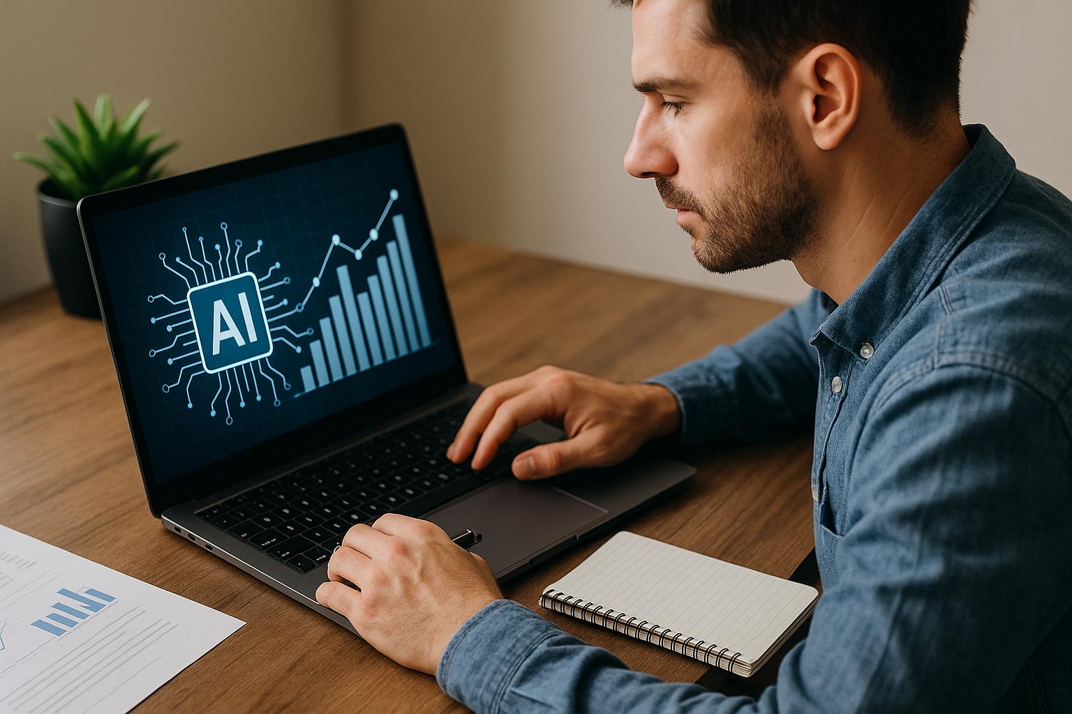 Man working on laptop displaying AI chip graphic and ascending bar graph on screen at wooden desk with notebook and papers