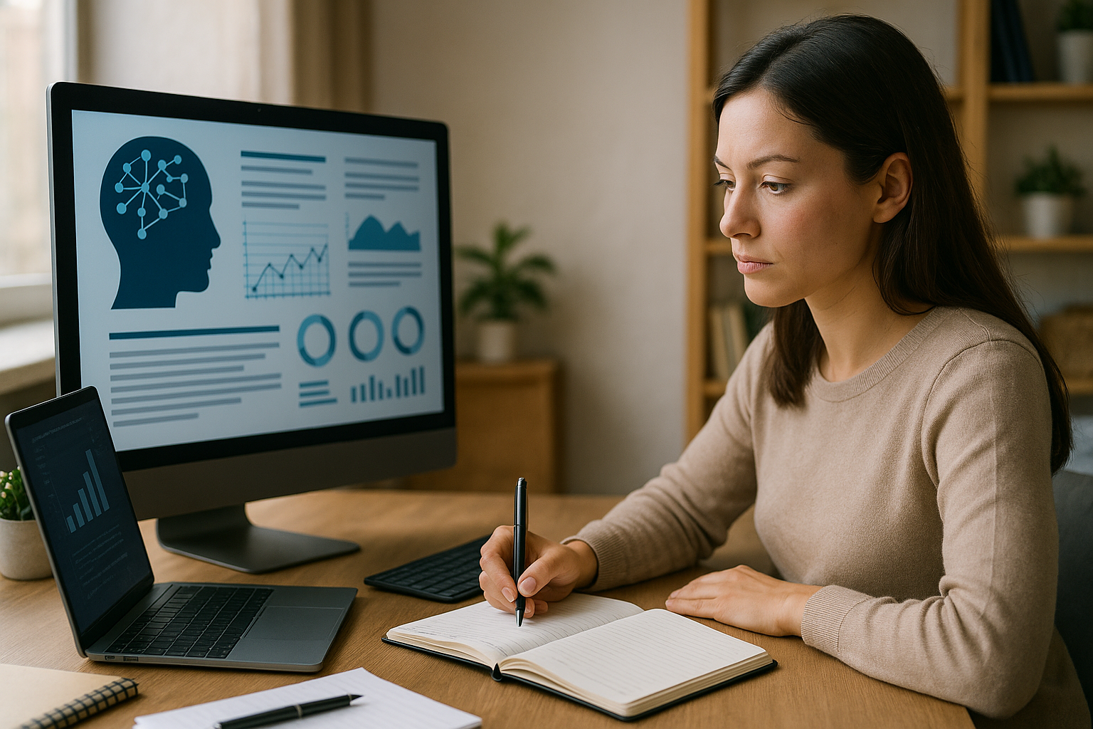 Person writing in a notebook at a desk with two screens displaying charts and a brain network graphic.