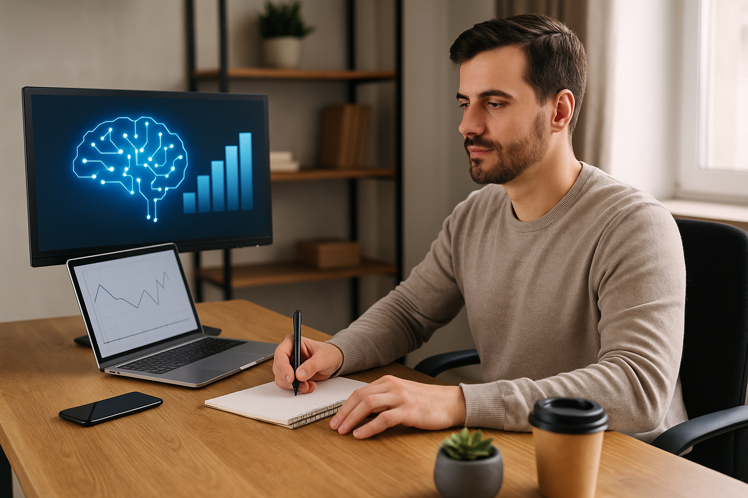 Man sitting at desk writing in notebook with laptop showing a graph and monitor displaying a digital brain with progress bars.