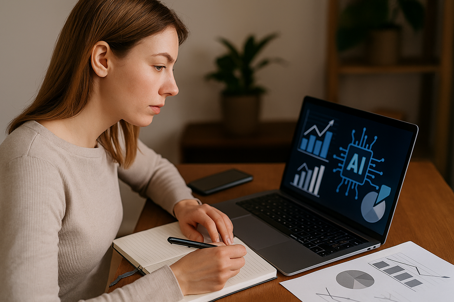 Person sitting at a table writing in a notebook while looking at a laptop screen displaying AI and data charts.