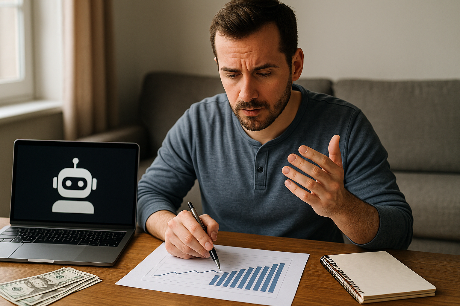 A distinctive real-world AI income strategies for beginners scene directly illustrating AI Income Basics: How to Understand and Set Realistic Expectations.