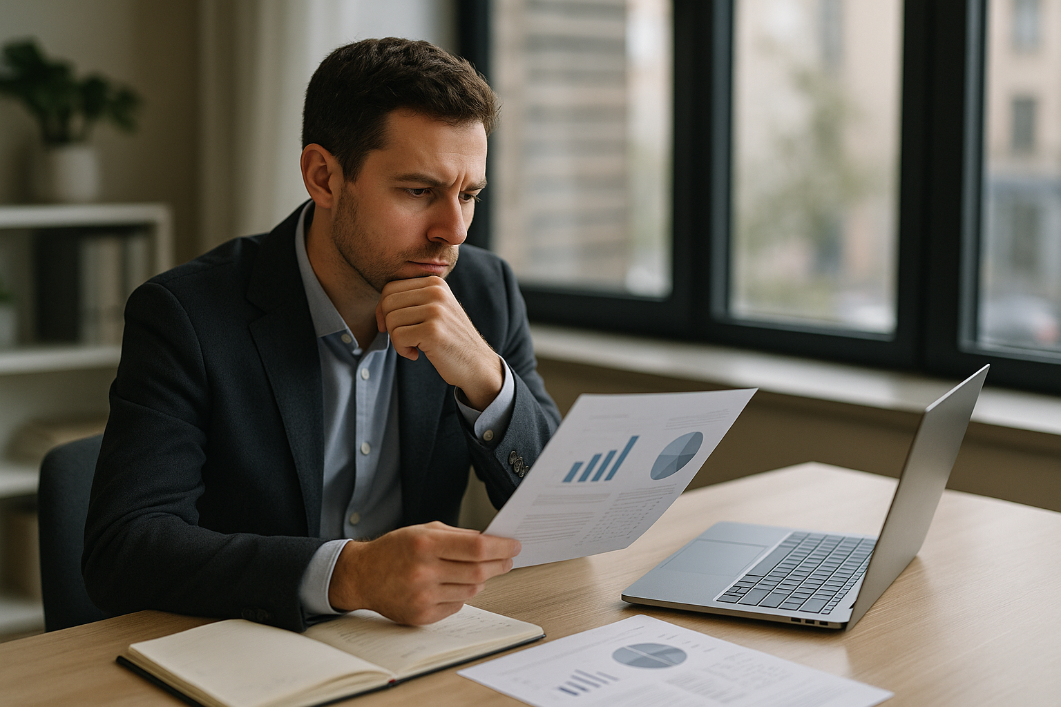 Business professional comparing options on a laptop with notes and research materials related to AI Income Services vs Traditional Freelancing: Which Is More Profitable?.