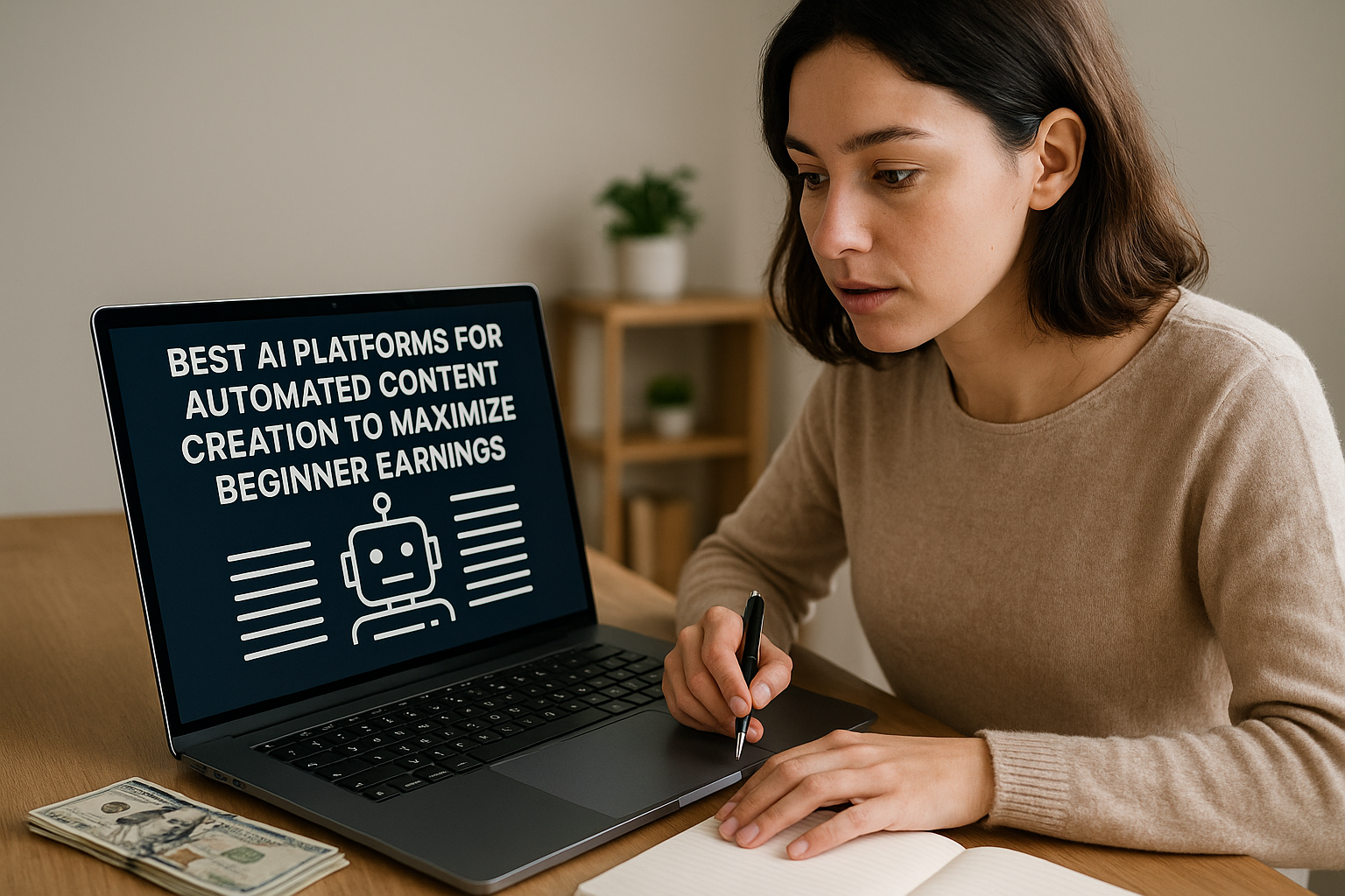 A distinctive real-world AI income strategies for beginners scene directly illustrating Best AI Platforms for Automated Content Creation to Maximize Beginner Earnings.