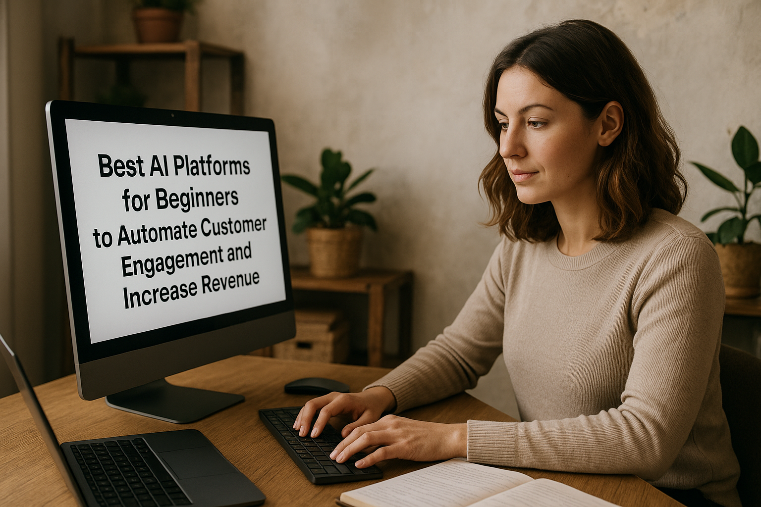 Person sitting at a desk typing on a keyboard with a computer screen displaying text about best AI platforms for beginners.