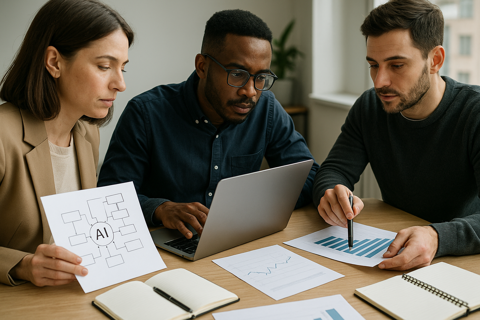 Freelancer using a laptop, documents, and planning materials while working through a practical Building Your First AI-Powered Service Offering: A Beginner’s Roadmap workflow.