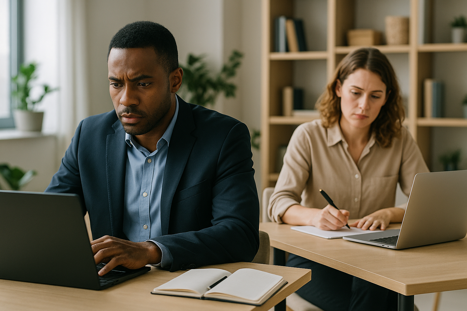 Freelancer comparing two AI assistants side by side on a laptop while reviewing client work.