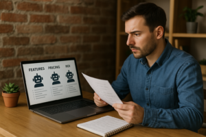 A distinctive real-world AI income strategies for beginners scene directly illustrating Comparing AI Chatbot Builders for Lead Generation: Features, Pricing, and ROI.