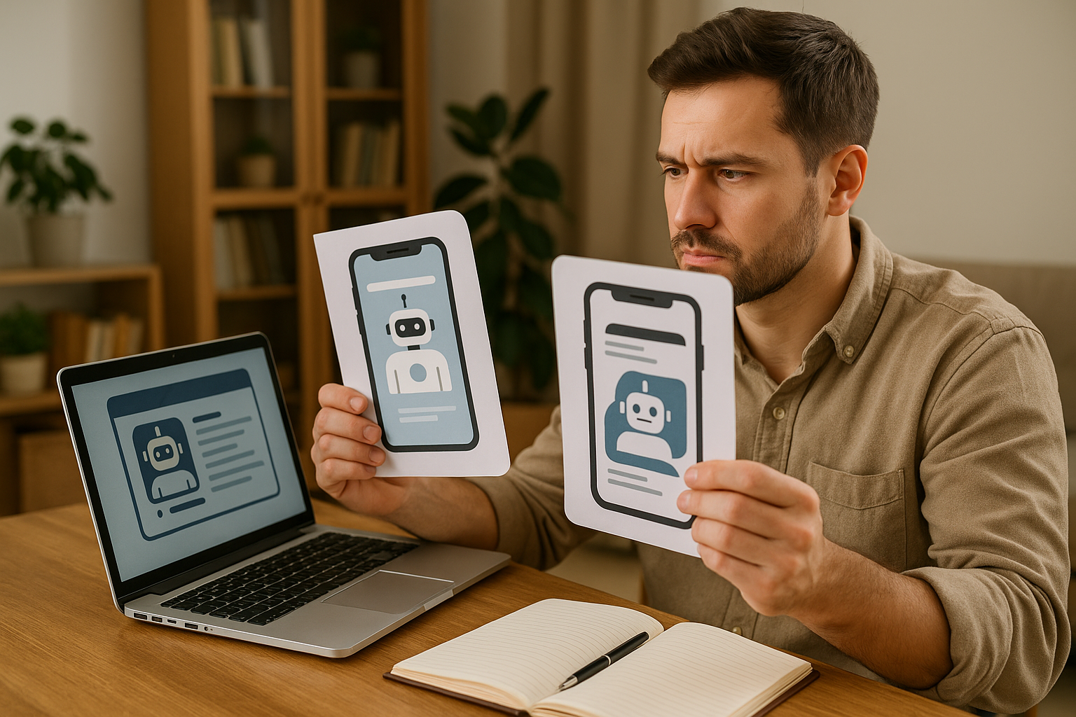 Man sitting at desk comparing printed chatbot interface designs with similar chatbot image displayed on laptop screen.