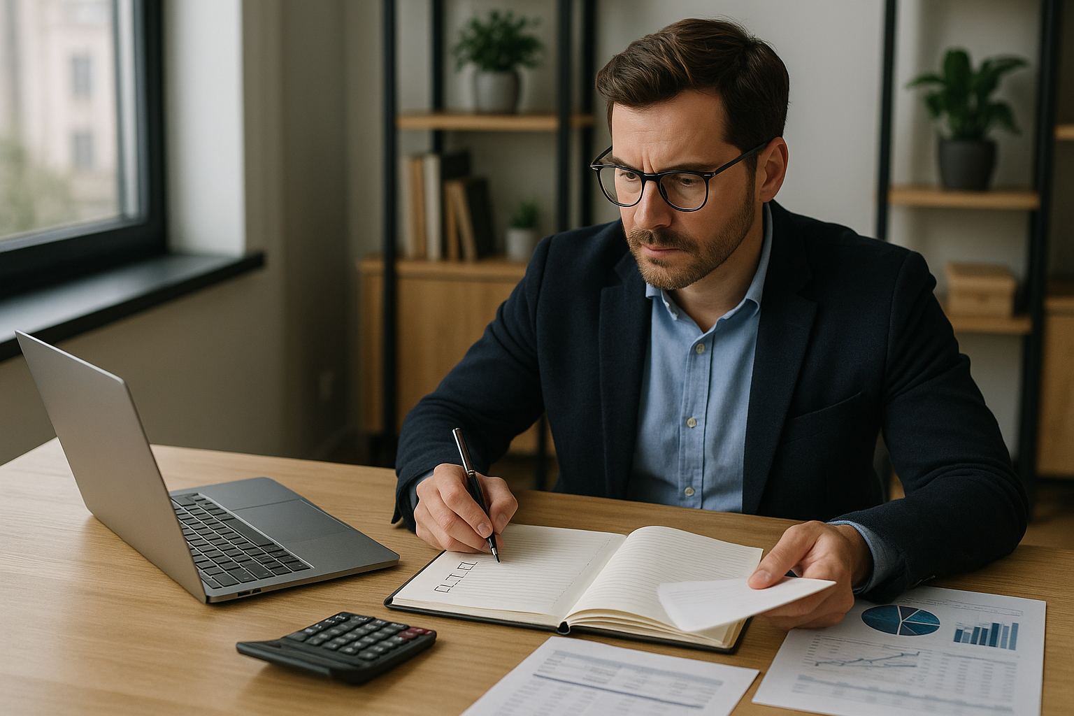 Business professional comparing customer service chatbot options on a laptop with research notes.