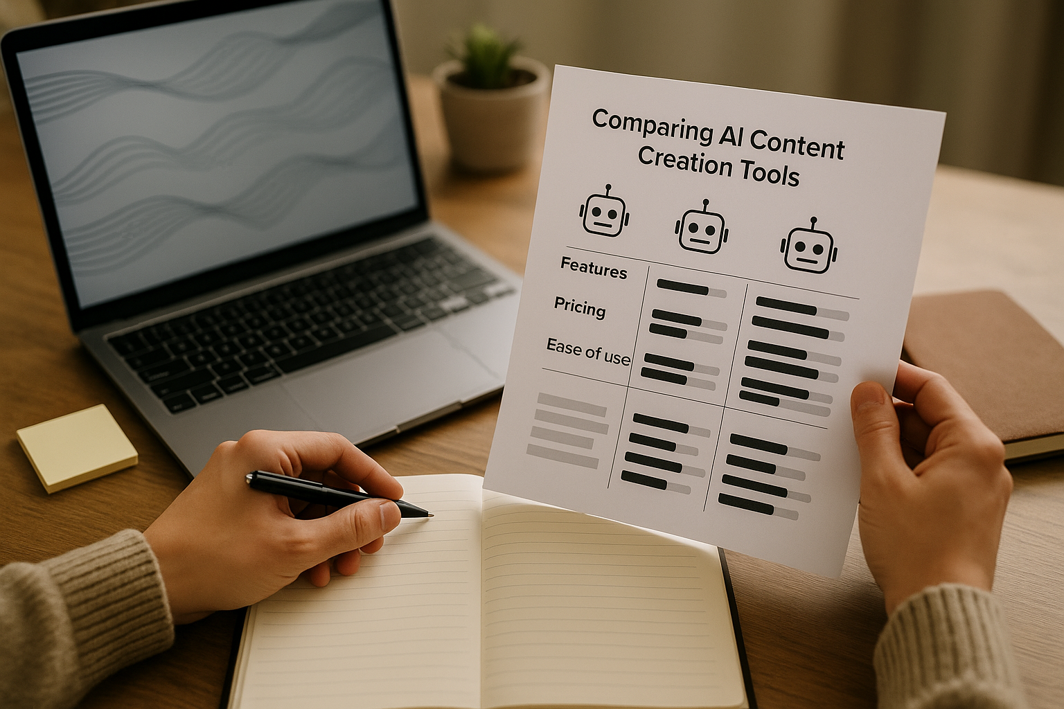 A distinctive real-world AI income strategies for beginners scene directly illustrating Comparing AI Content Creation Tools: Features, Pricing, and Ease of Use.