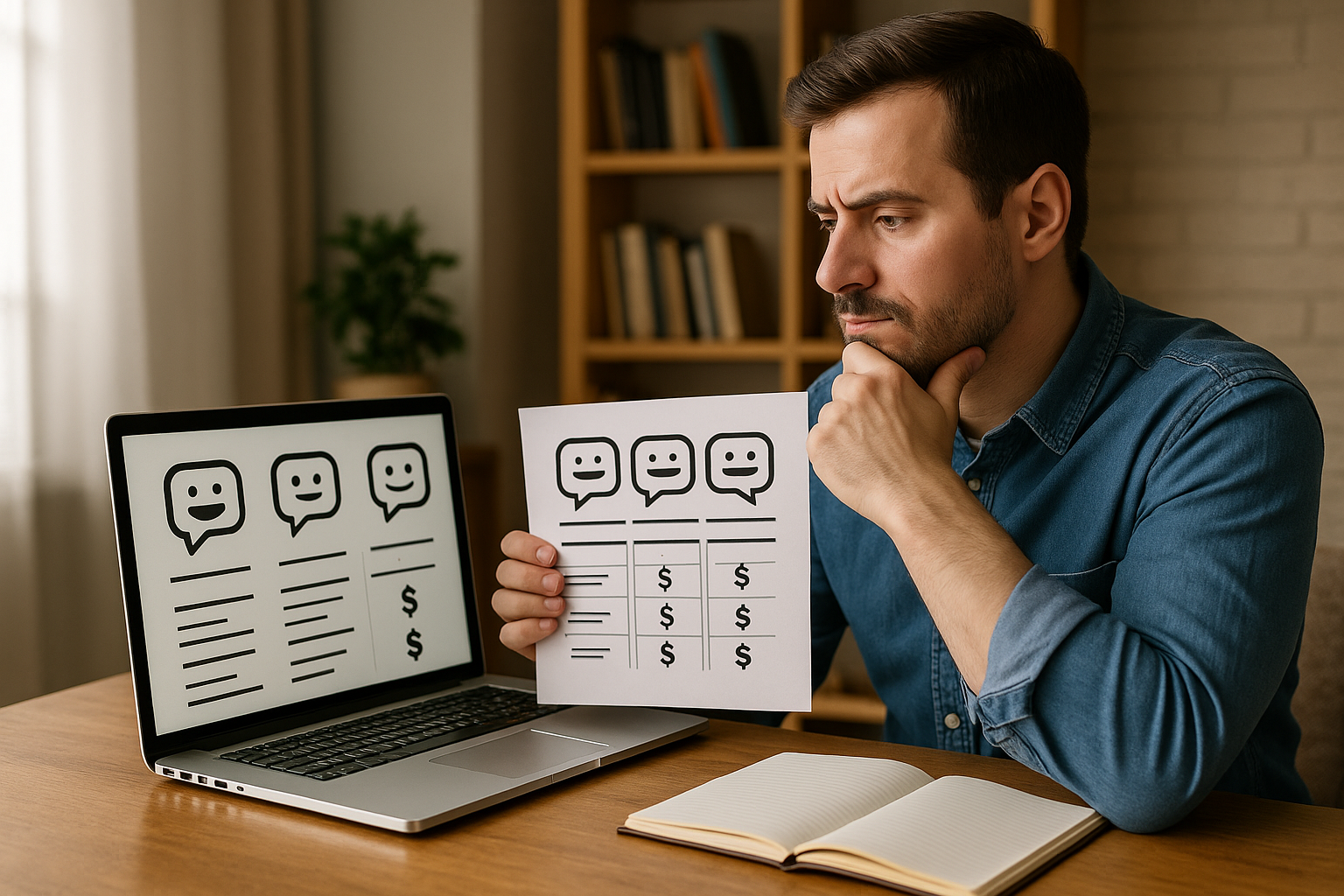 Man in a blue shirt comparing printed and digital charts with chatbot icons and dollar signs at a wooden desk.