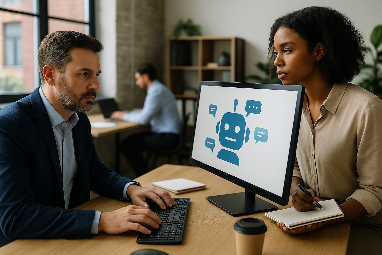 Business professional working in a realistic office setting on tasks related to Creating Customized AI Chatbot Solutions to Generate Income.