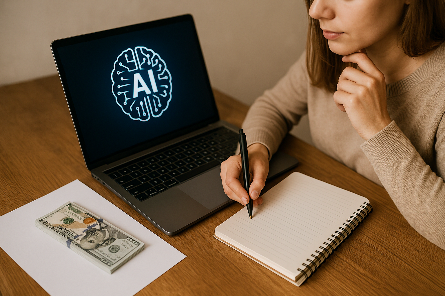 Person holding a pen poised to write in a notebook with a laptop showing an AI brain icon and a stack of money on the table.