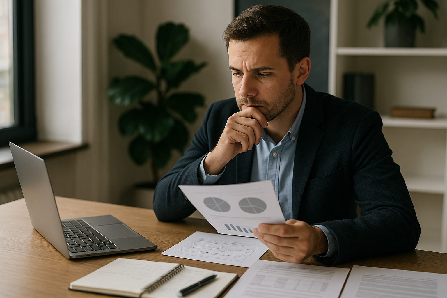 Freelancer reviewing service pricing notes and a calculator while deciding what to charge clients.