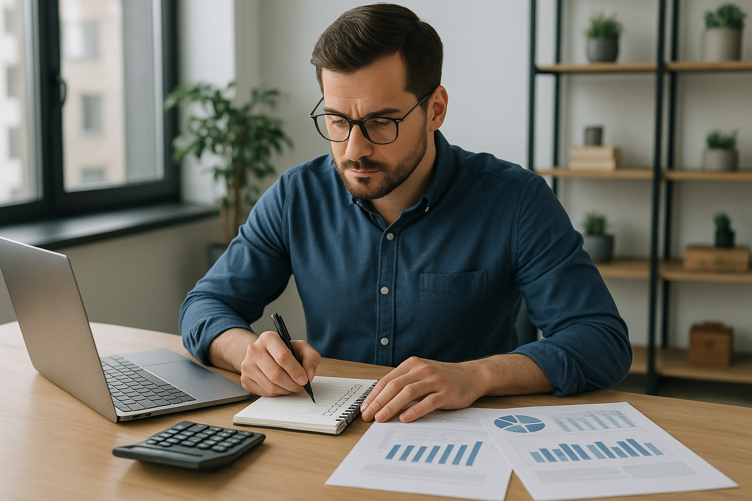 Entrepreneur using a laptop, notebook, and checklist while planning how to apply How to Build a Profitable AI Content Creation Service from Scratch.