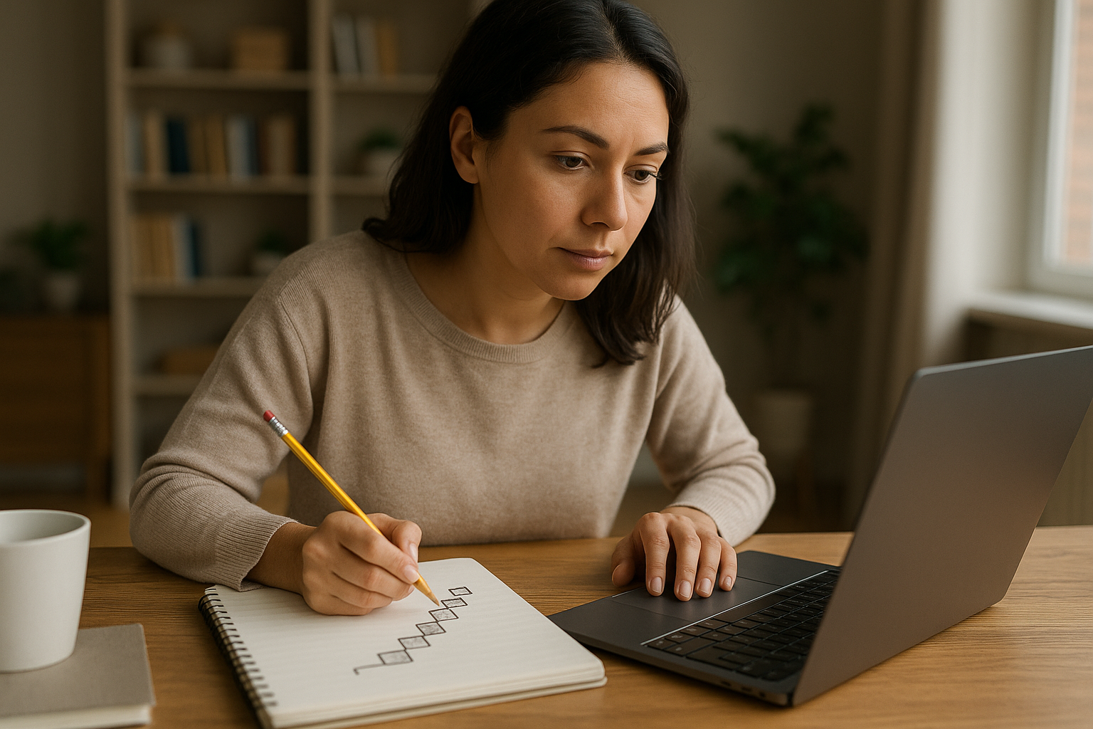 A woman drawing a staircase diagram with shaded steps in a notebook while looking at a laptop screen.