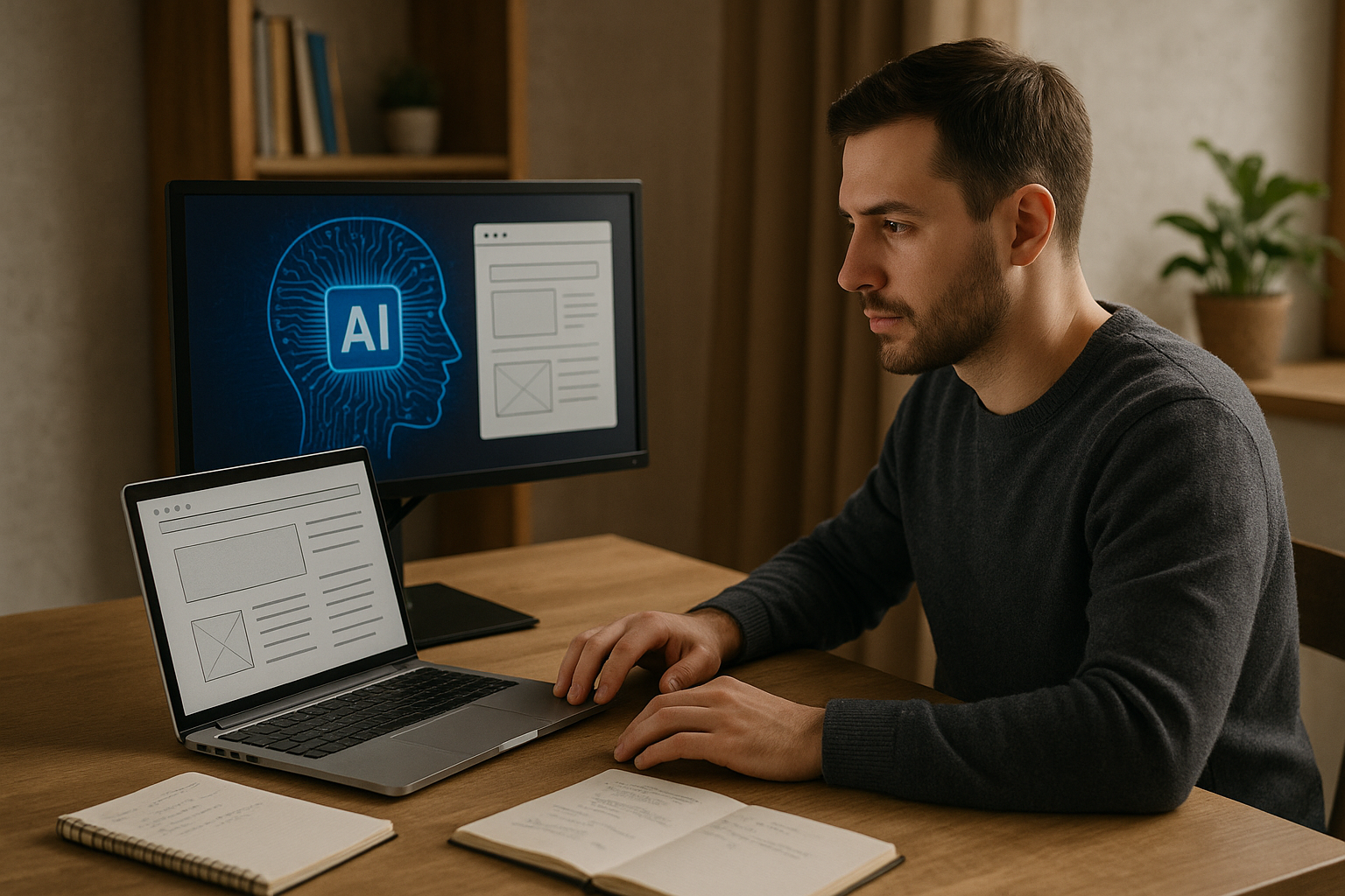 Man sitting at a desk working on a laptop with a monitor displaying an AI brain graphic and webpage layouts.