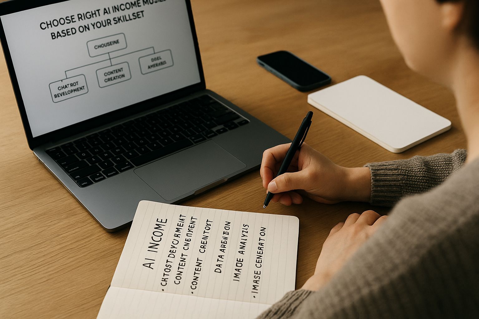 A distinctive real-world AI income strategies for beginners scene directly illustrating How to Choose the Right AI Income Model Based on Your Skillset.