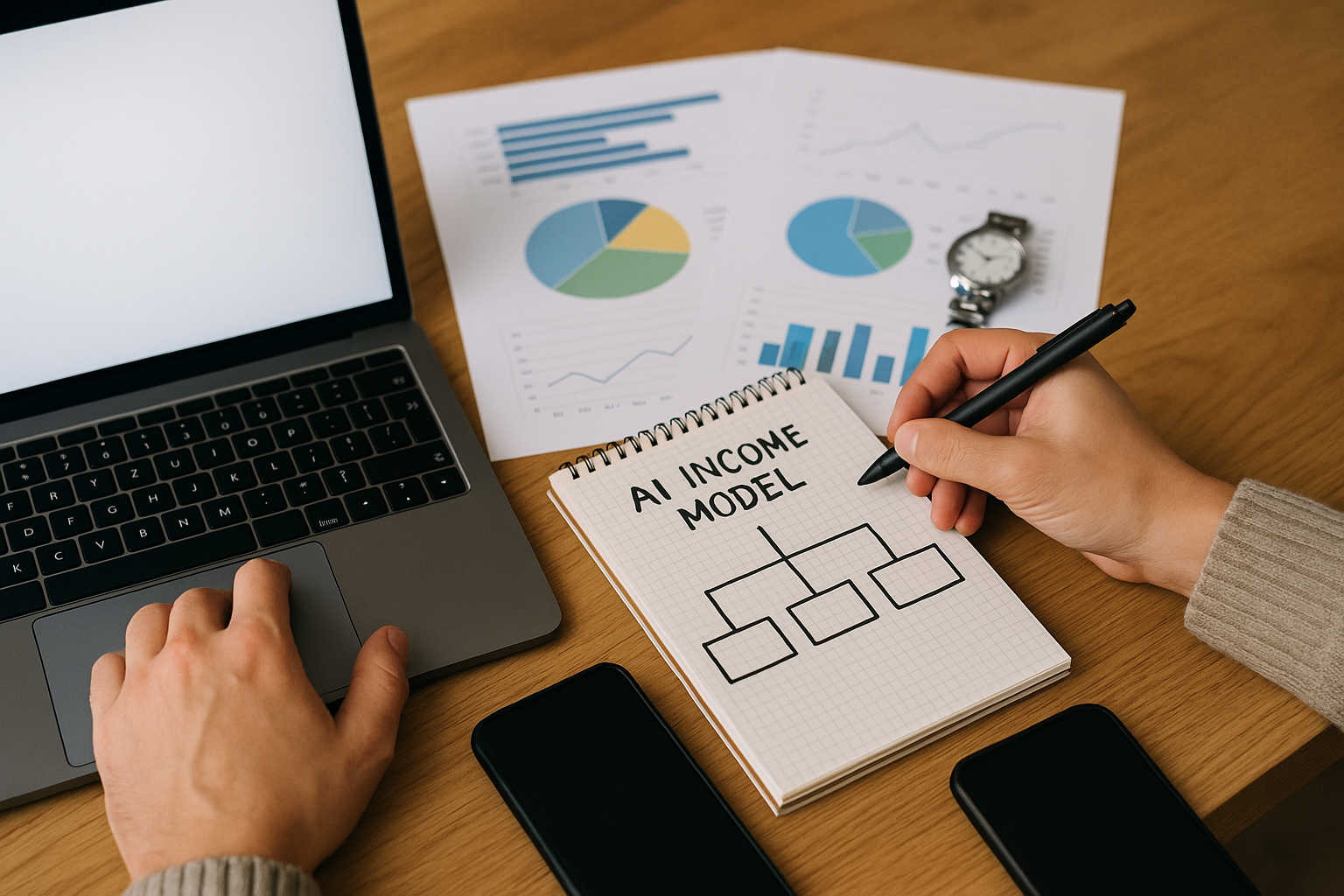 A distinctive real-world AI income strategies for beginners scene directly illustrating How to Determine the Best AI Income Model Based on Your Available Time and Resources.
