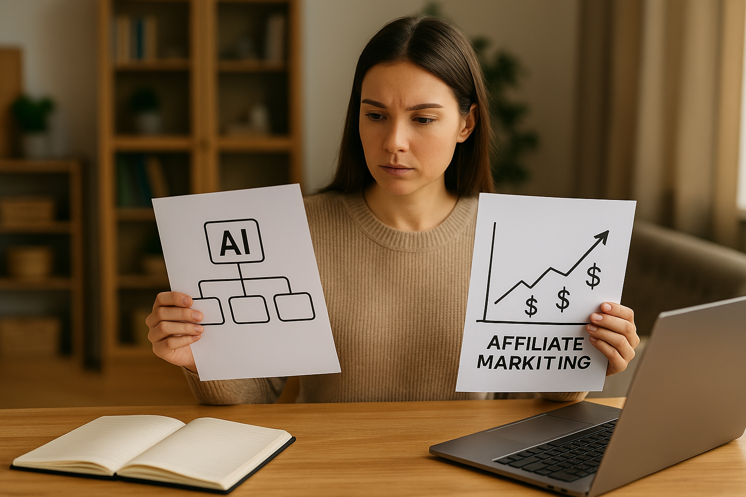 Person sitting at a desk comparing two papers, one with an AI flowchart and the other with an upward graph labeled affiliate marketing.