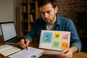 Man showing notebook with AI and icons for shopping, growth, health, and education while reviewing documents at desk