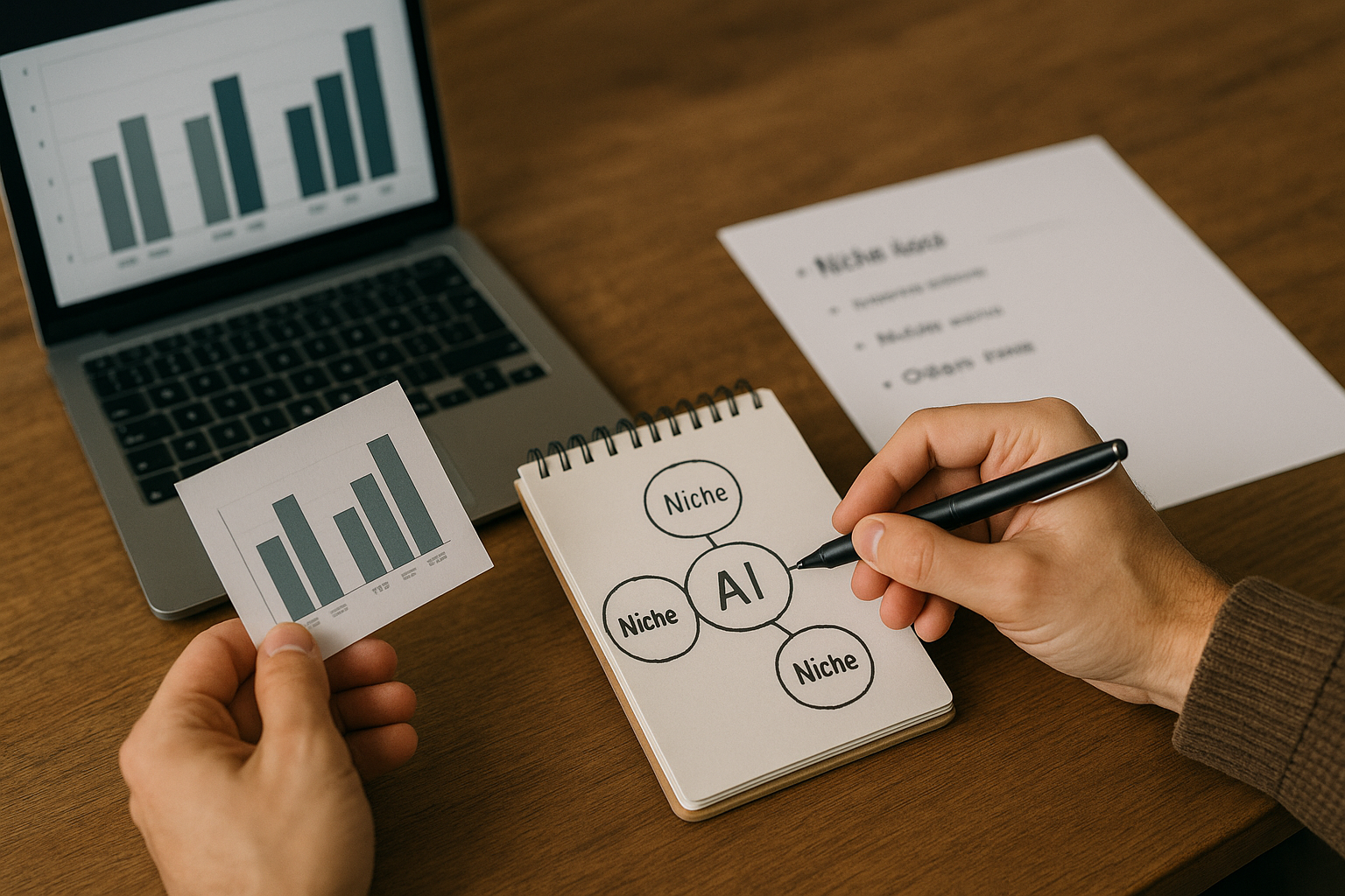 A distinctive real-world AI income strategies for beginners scene directly illustrating How to Identify Profitable Niches for AI-Driven Income Streams.