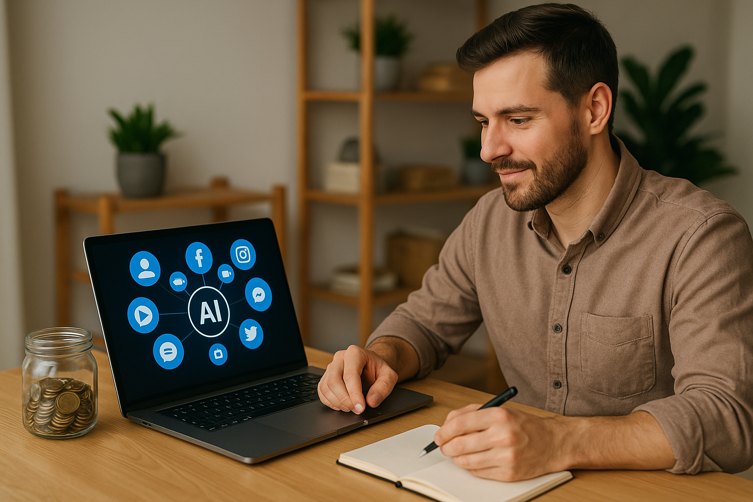 Man seated at desk with laptop displaying AI and social media icons, holding a pen over a notebook.