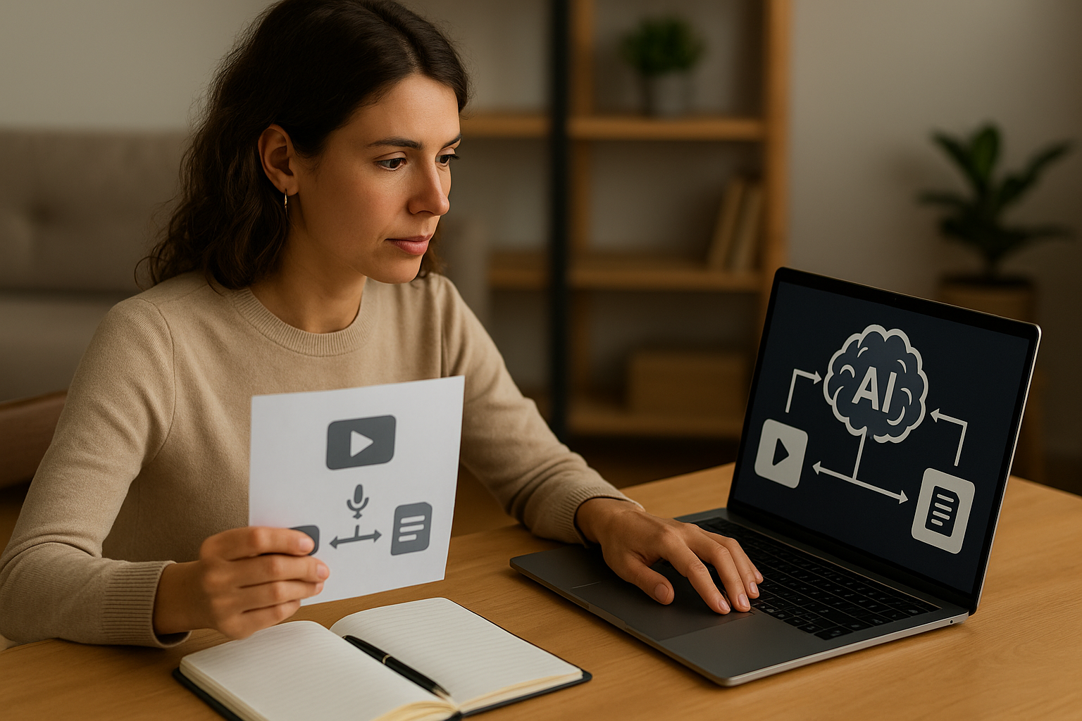 Person holding paper with media and text icons connected by arrows next to a laptop displaying an AI content flow diagram.