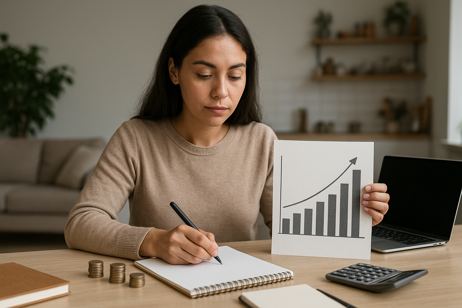 Person sitting at a desk writing in a notebook and holding a paper with a rising bar graph and arrow.