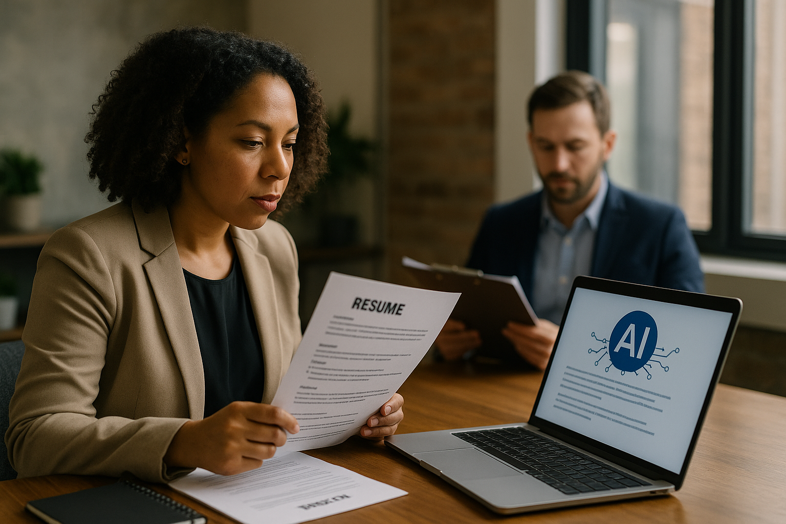 Two professionals collaborating over a laptop in a modern office, discussing AI resume writing service strategies with documents and coffee cups on the table