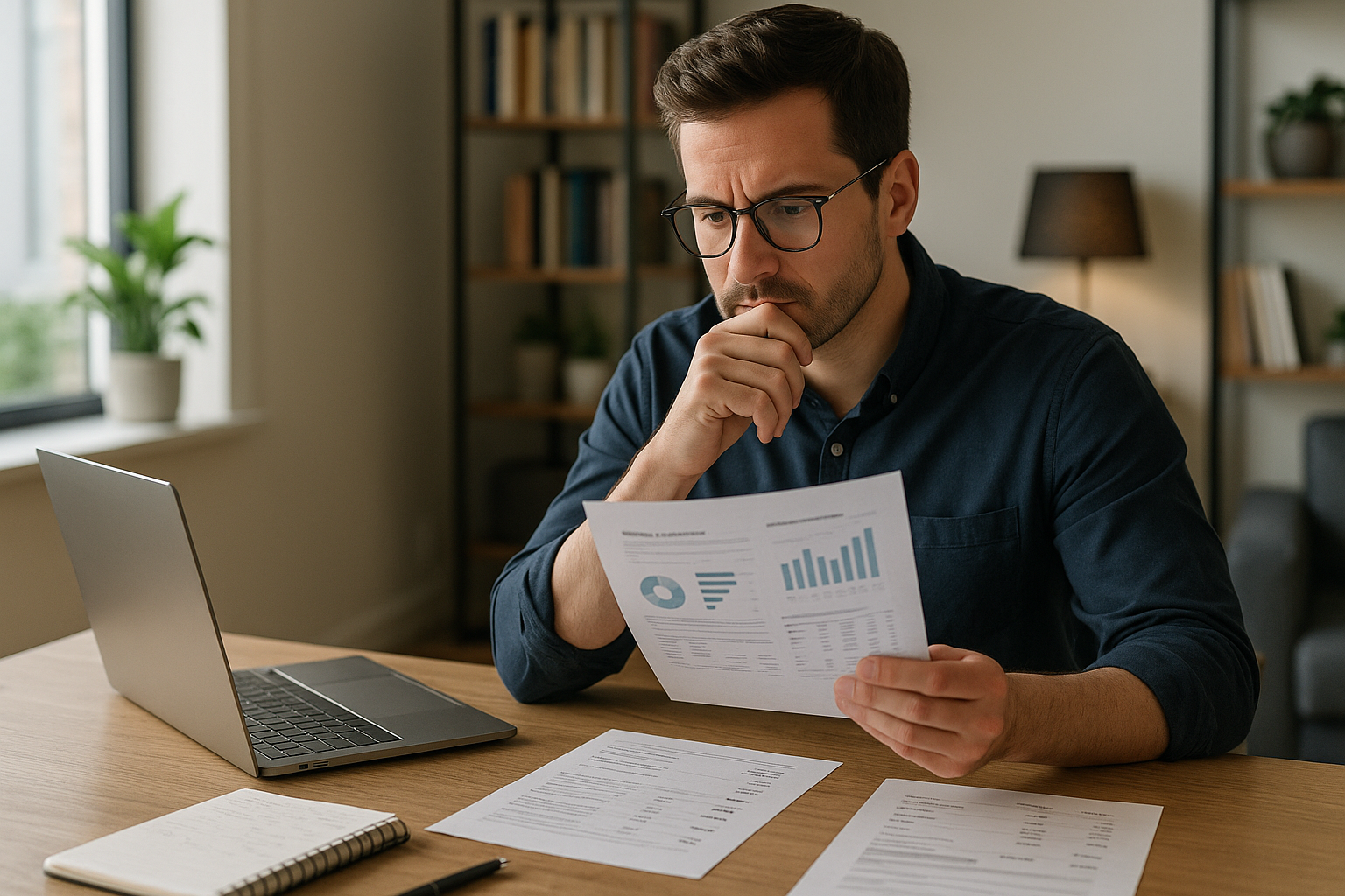 Social media manager planning client content on a laptop with a notebook and smartphone nearby.