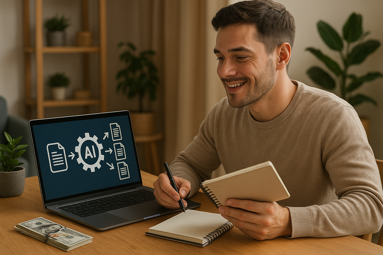 A distinctive real-world AI income strategies for beginners scene directly illustrating How to Use AI-Driven Content Repurposing to Maximize Income.