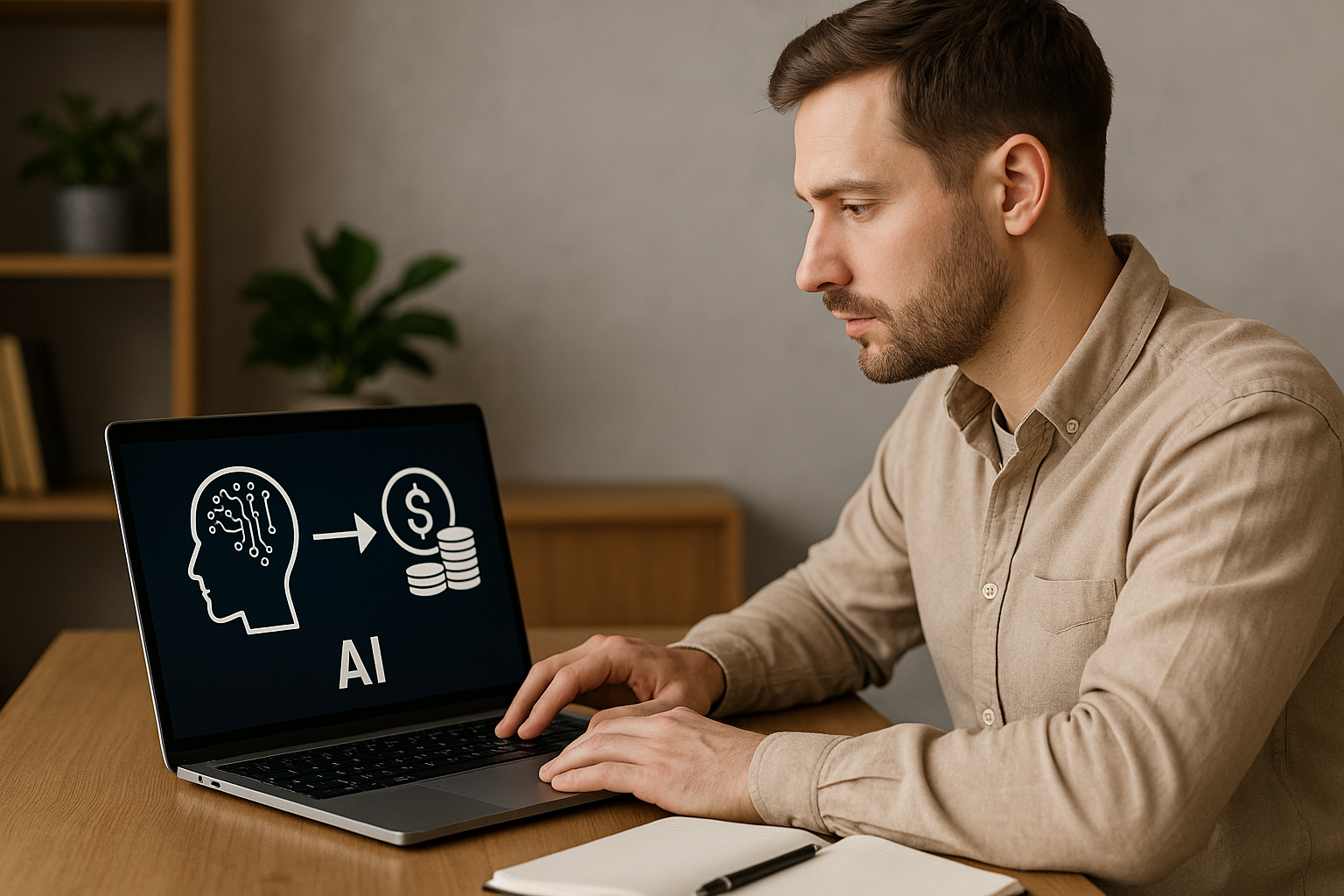 A distinctive real-world AI income strategies for beginners scene directly illustrating How to Use AI for Automated Content Creation and Monetization in Niche Markets.