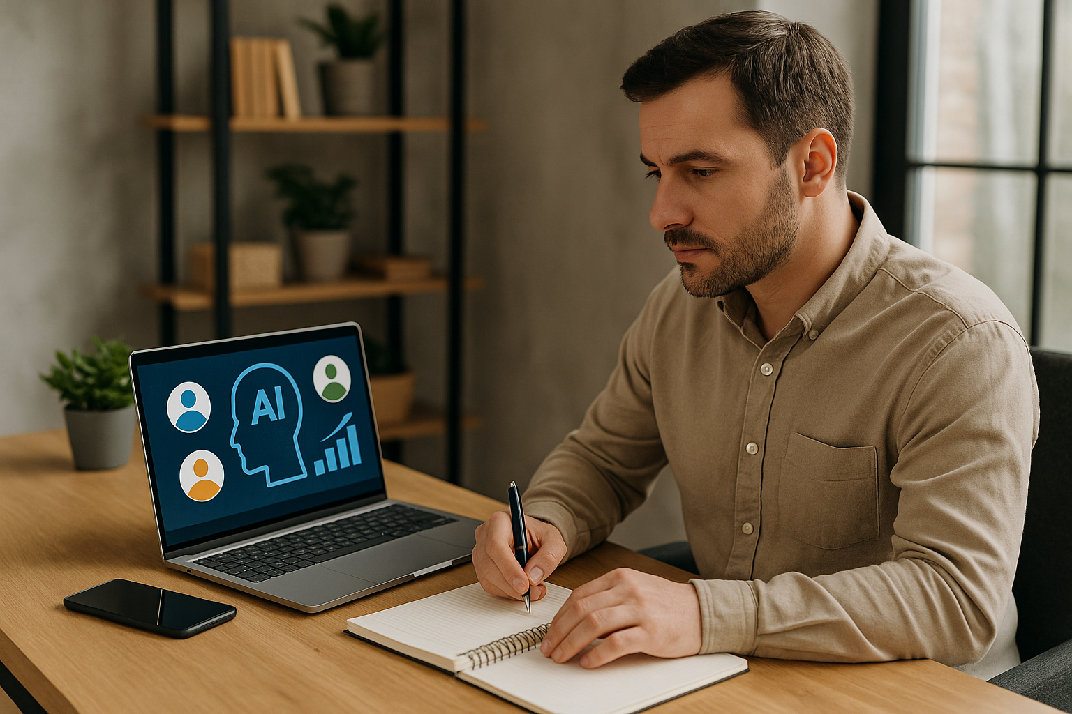 Man sitting at a desk writing in a notebook with a laptop displaying AI and user icons in front of him.