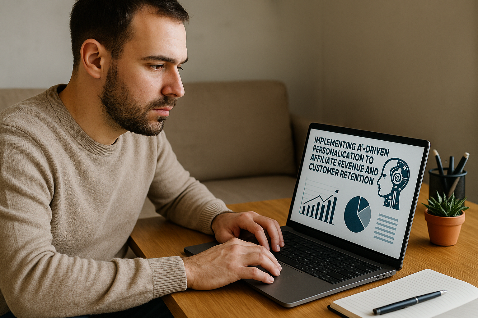 A distinctive real-world AI income strategies for beginners scene directly illustrating Implementing AI-Driven Personalization to Boost Affiliate Revenue and Customer Retention.