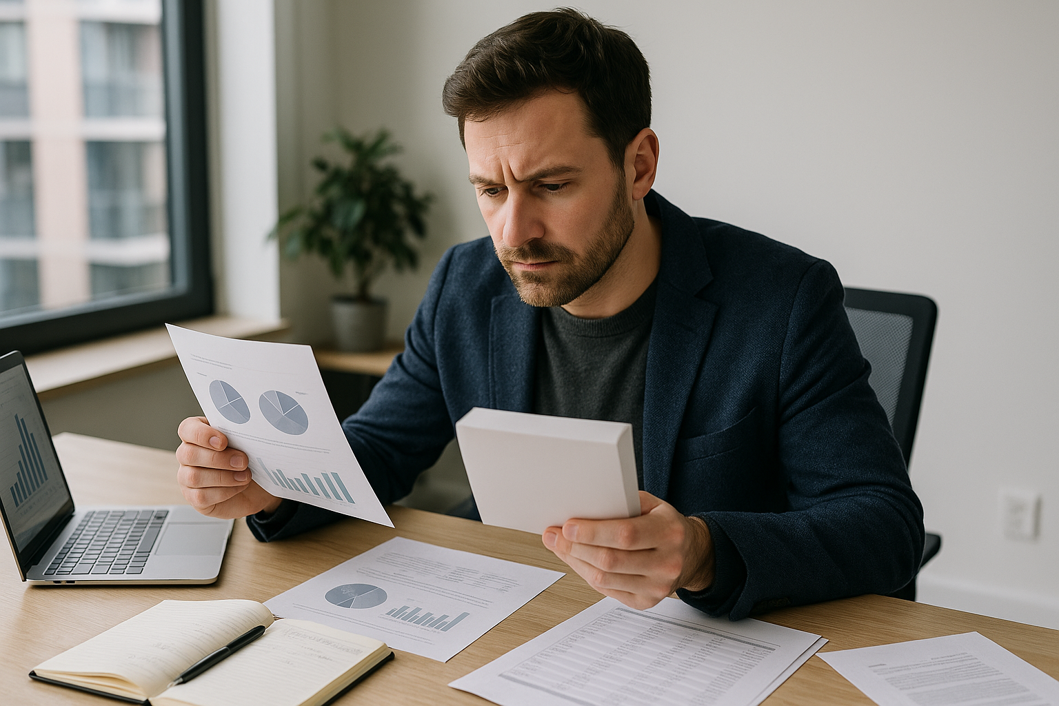 Business professional comparing options on a laptop with notes and research materials related to Key Metrics to Track When Starting AI Income Services.