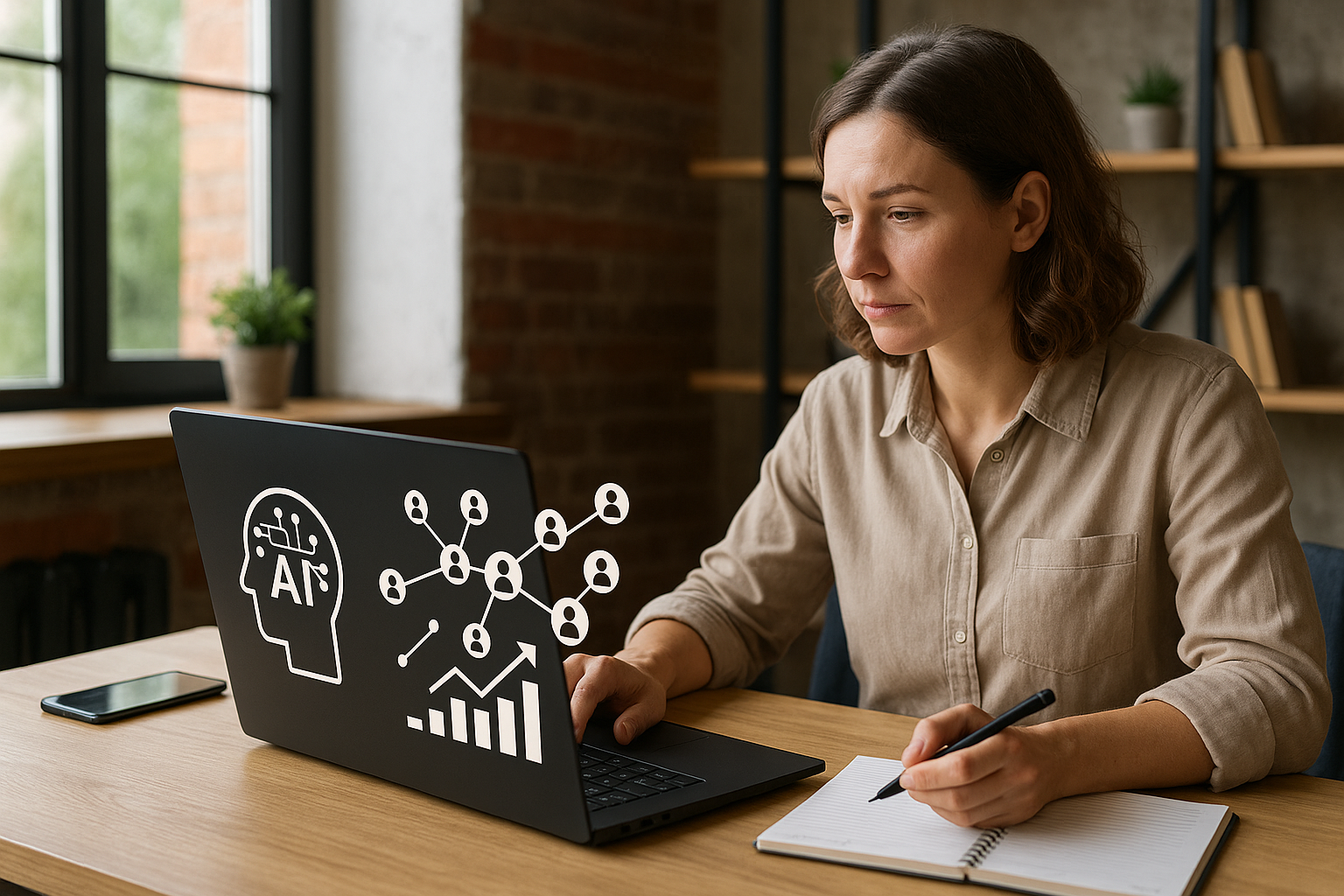 Woman working on a laptop with AI and network icons displayed near the screen, writing in a notebook at a wooden desk.