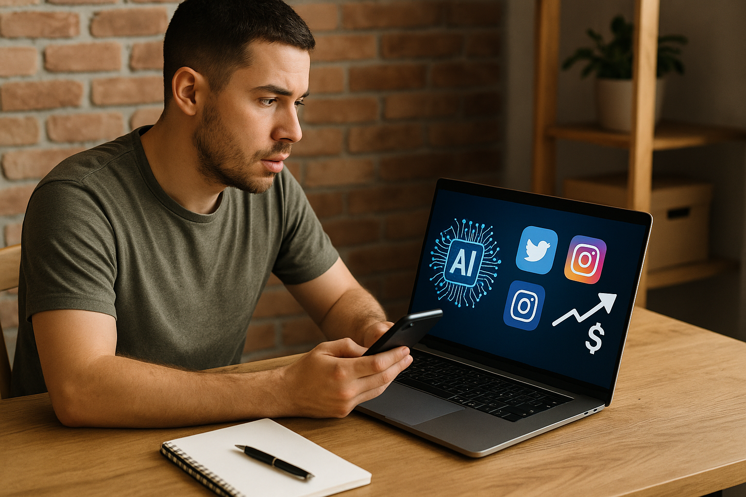 Man holding smartphone and looking at laptop screen displaying AI and social media icons with a dollar sign and upward arrow on table