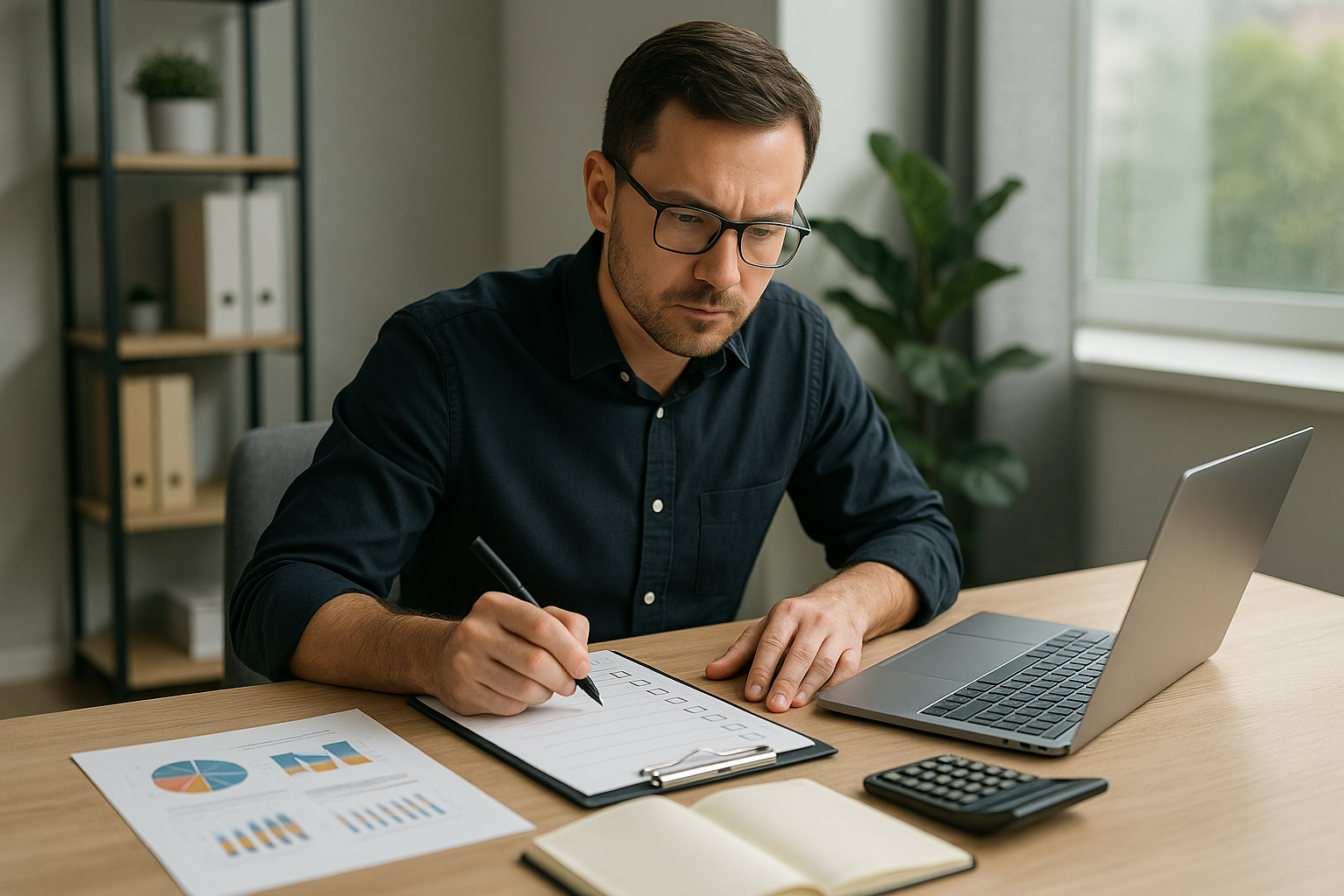 Entrepreneur using a laptop, notebook, and checklist while planning how to apply Scaling AI Service Offerings from Solo to Small Team.