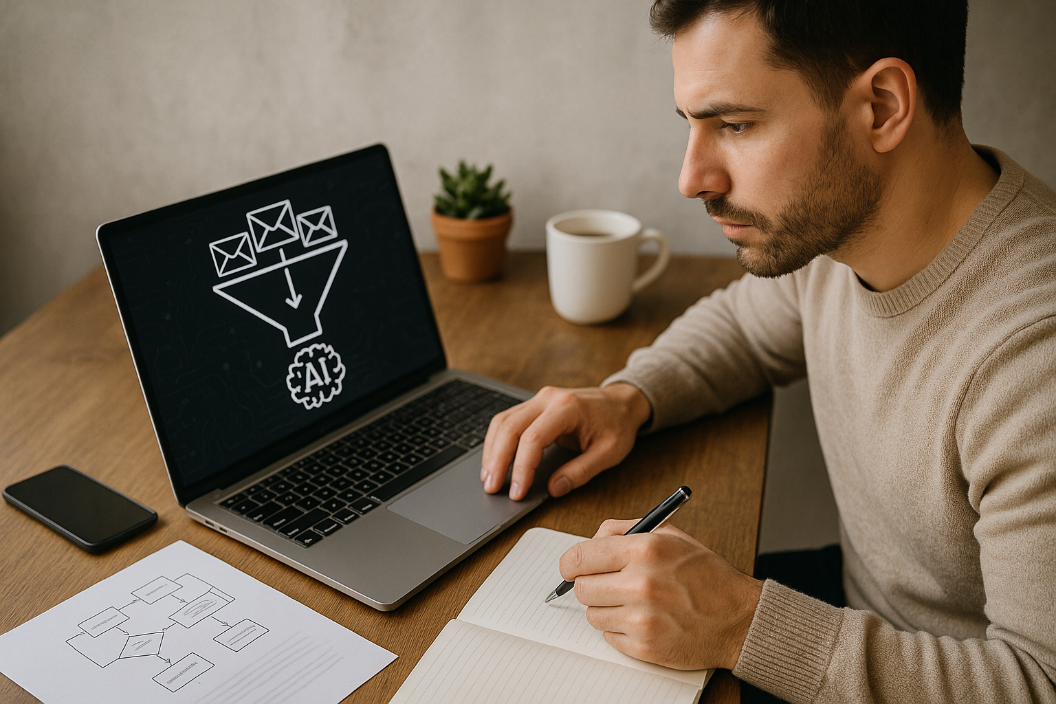 Man focused on laptop screen showing email marketing funnel graphic with AI icon, while writing notes in a notebook.