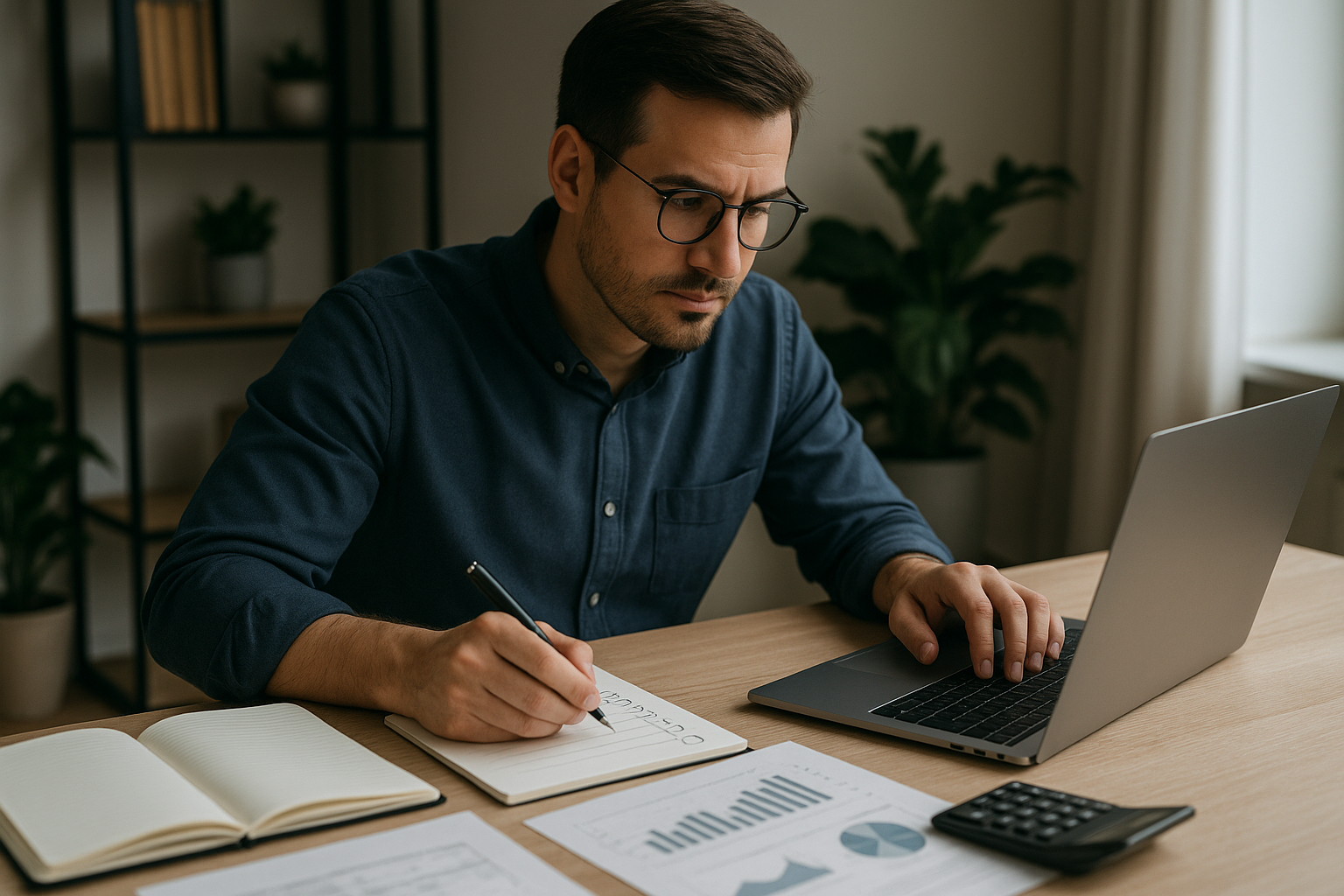 Entrepreneur using a laptop, notebook, and checklist while planning how to apply Step-by-Step Guide to Setting Up Passive Income Streams Using AI.