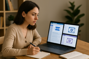 A distinctive real-world AI income strategies for beginners scene directly illustrating Top AI Platforms for Beginners to Create and Manage Automated Email Campaigns.