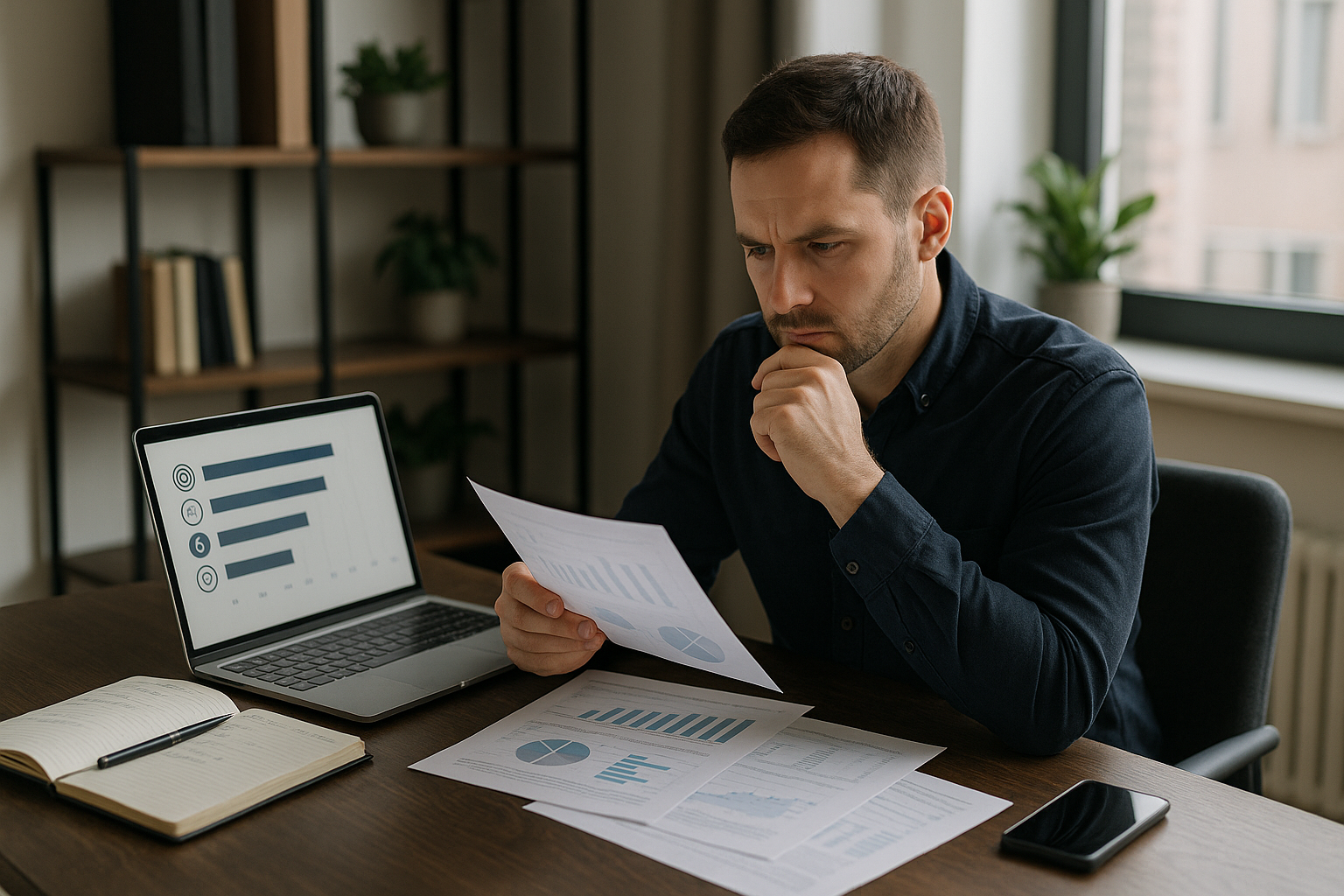 Business professional comparing options on a laptop with notes and research materials related to Top AI Tools for Automating Content Creation and Monetizing Your Skills.
