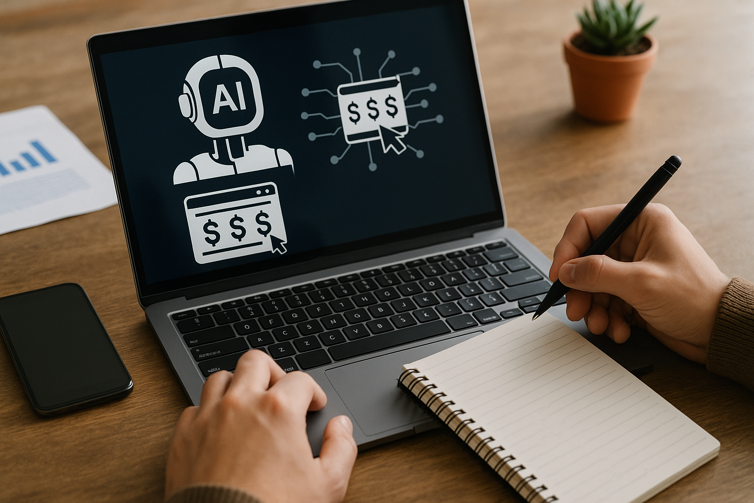 A distinctive real-world AI income strategies for beginners scene directly illustrating Understanding AI-Powered Affiliate Marketing for Beginners.